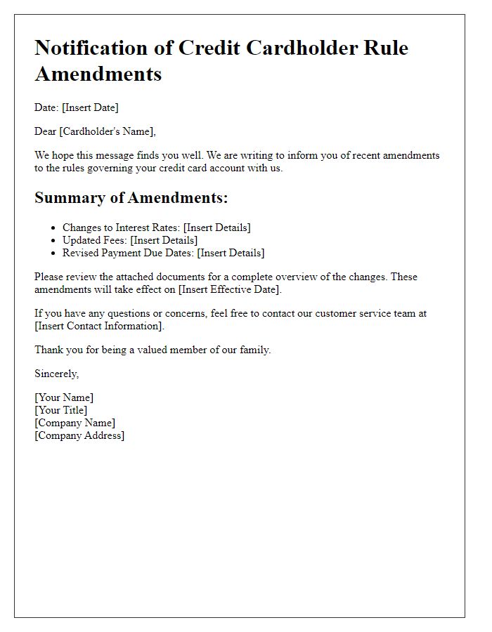 Letter template of credit cardholder rule amendments