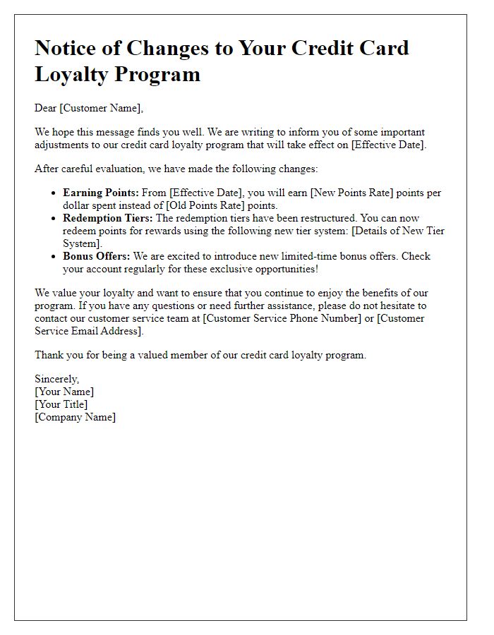 Letter template of adjustments in credit card loyalty program