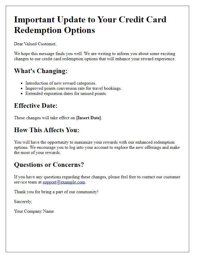 Letter template of changes to credit card redemption options