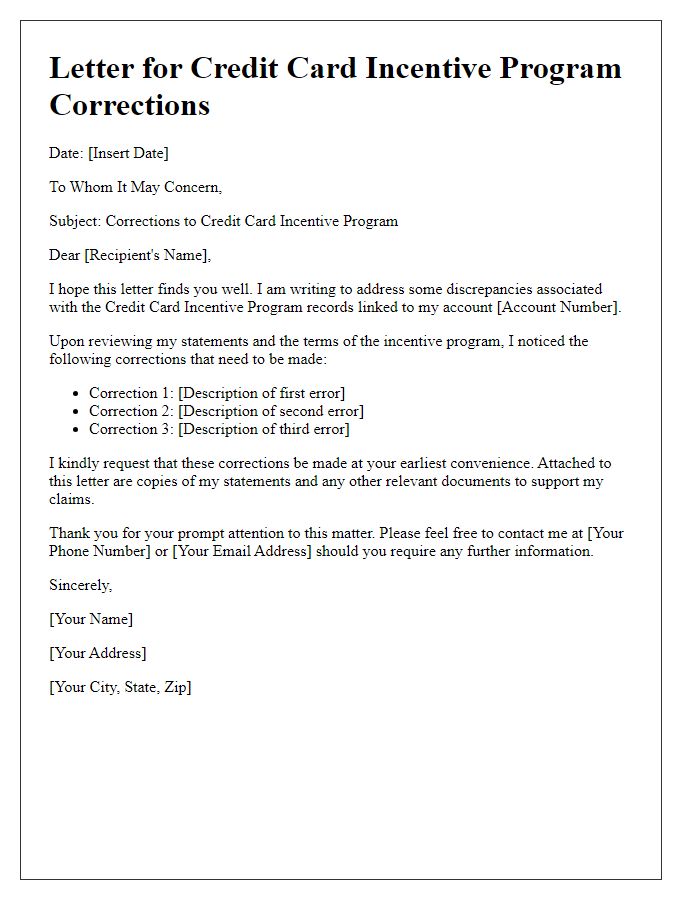 Letter template of credit card incentive program corrections