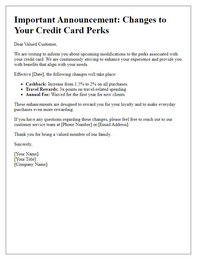 Letter template of credit card perks modification announcement