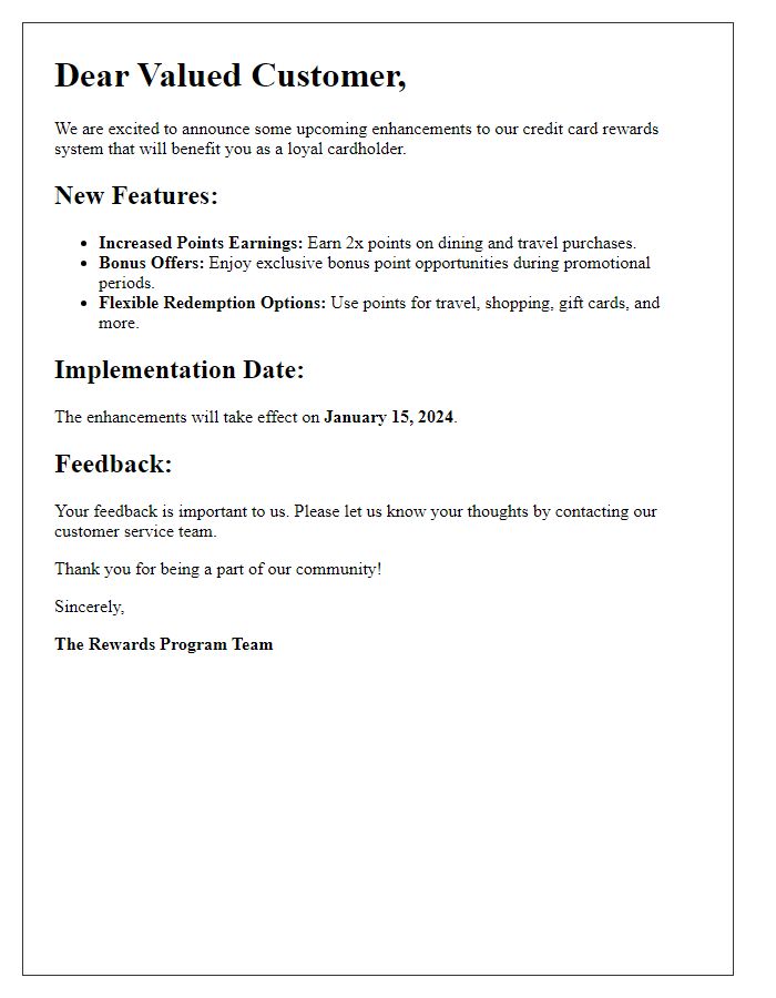 Letter template of enhancements to credit card rewards system