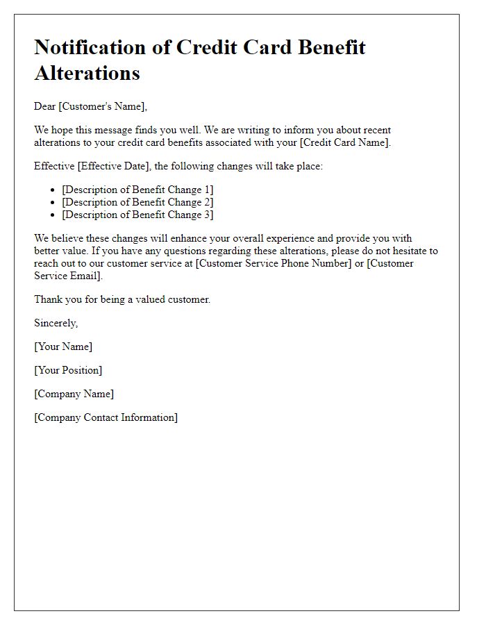 Letter template of notification for credit card benefit alterations