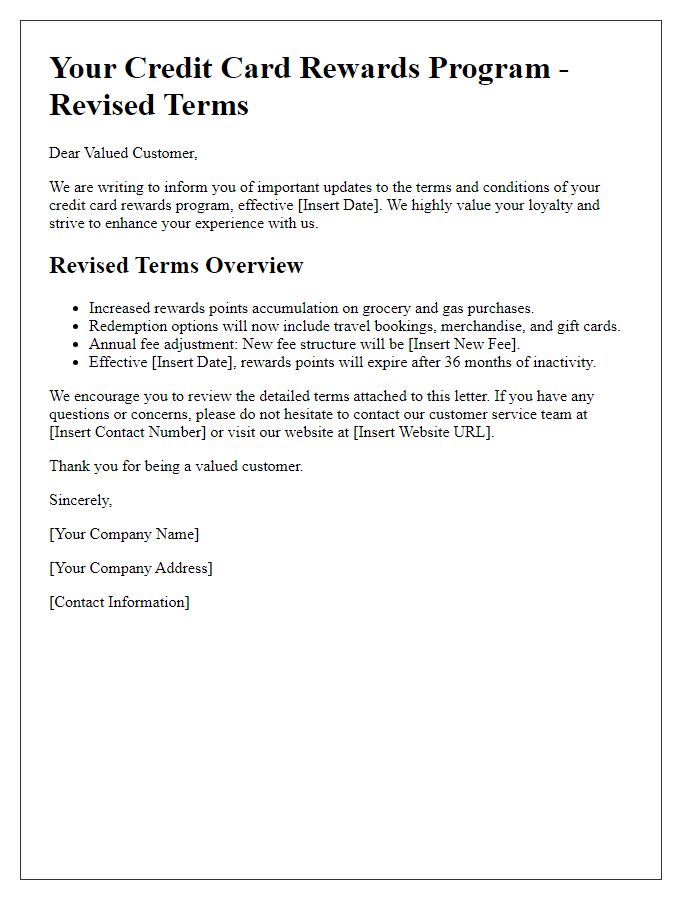 Letter template of revised terms for credit card rewards