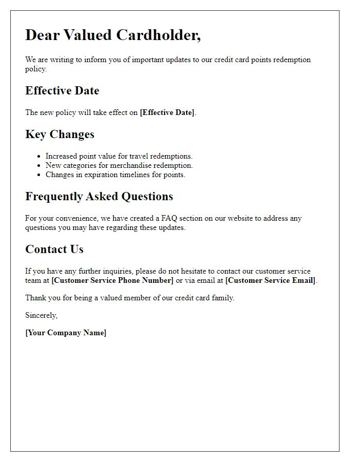 Letter template of updates to credit card points redemption policy