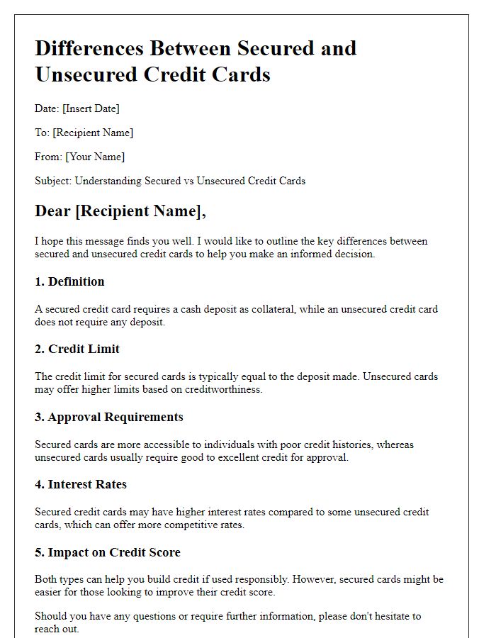 Letter template of differences between secured and unsecured credit cards.