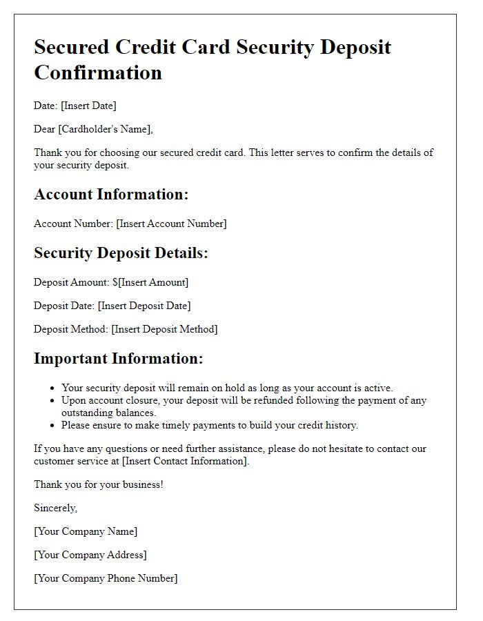 Letter template of secured credit card security deposit details.