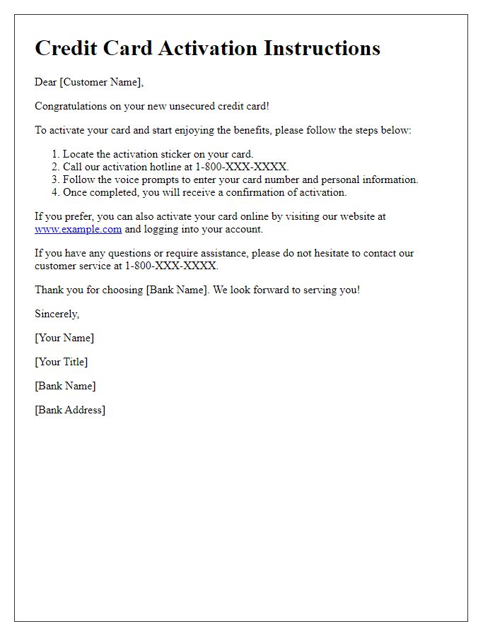 Letter template of unsecured credit card activation process.