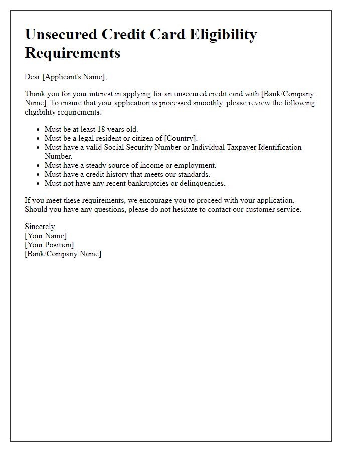 Letter template of unsecured credit card eligibility requirements.