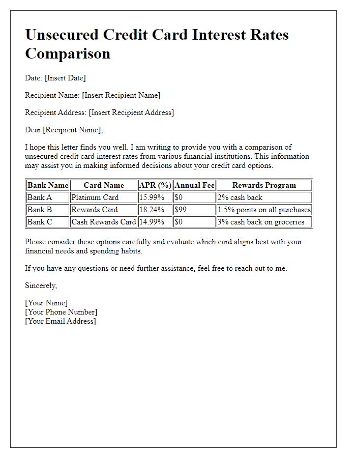 Letter template of unsecured credit card interest rates comparison.