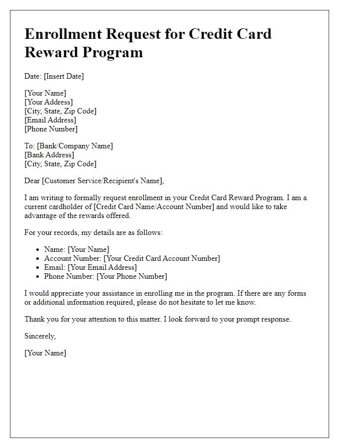 Letter template of credit card reward program enrollment request