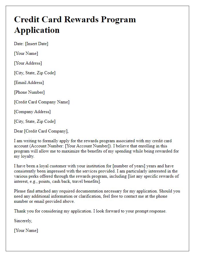 Letter template of credit card rewards program application