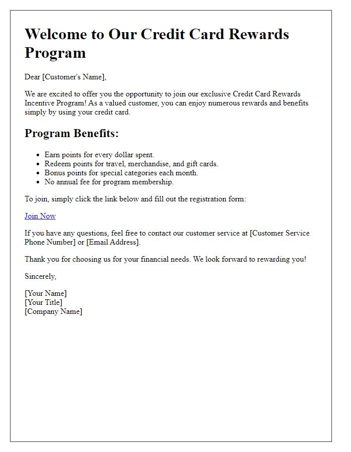 Letter template of joining credit card rewards incentive program