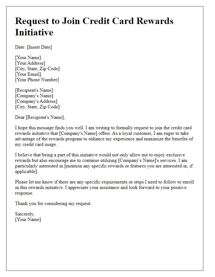 Letter template of request to join credit card rewards initiative