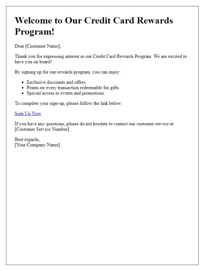 Letter template of sign-up for credit card rewards program