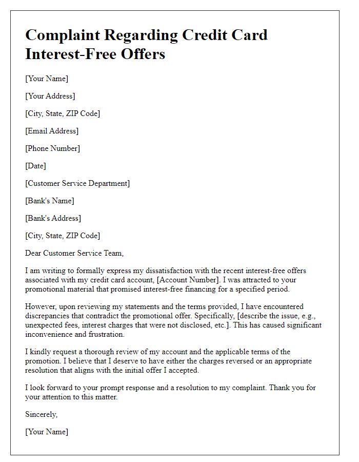 Letter template of complaint regarding credit card interest-free offers