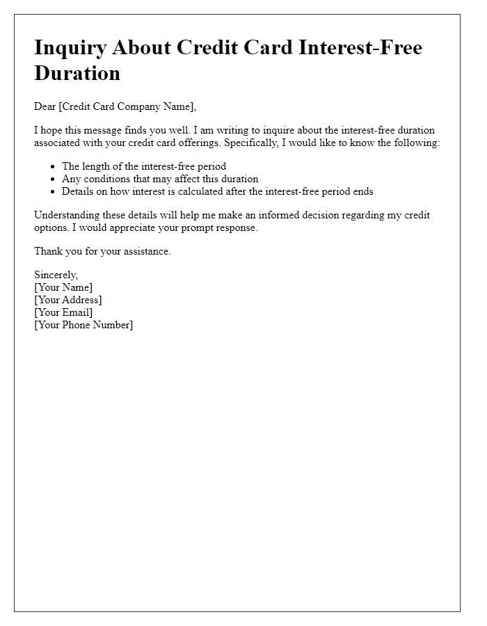 Letter template of inquiry about credit card interest-free duration