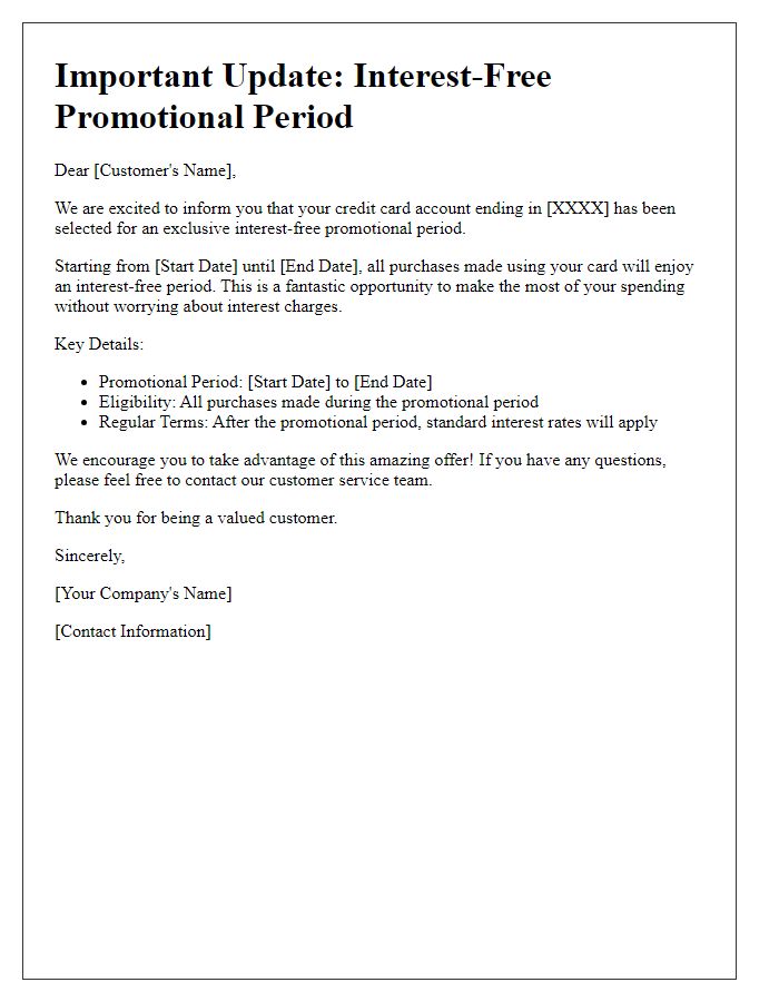 Letter template of notification about credit card interest-free promotional period