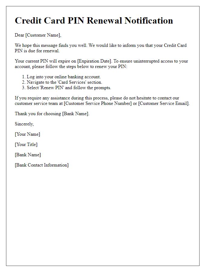 Letter template of Credit Card PIN Renewal Notification