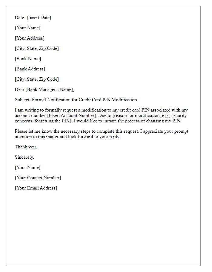 Letter template of Formal Notification for Credit Card PIN Modification