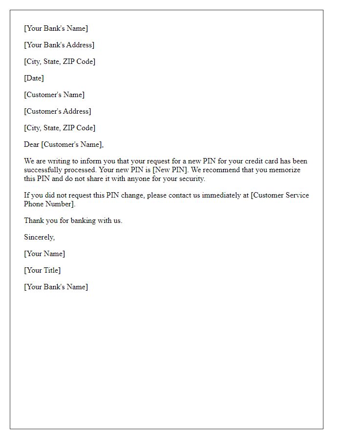 Letter template of Issuance of New Credit Card PIN