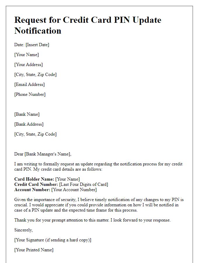 Letter template of Request for Credit Card PIN Update Notification