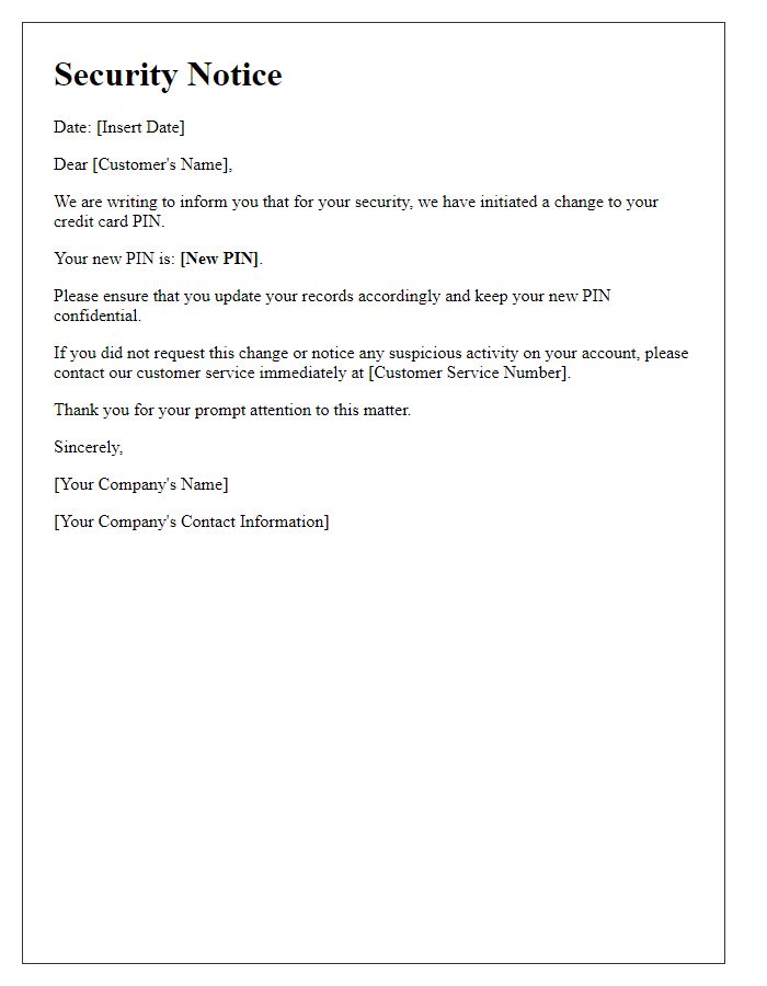 Letter template of Security Notice for Credit Card PIN Change