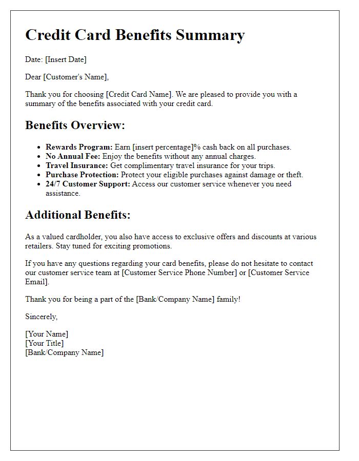 Letter template of credit card benefits summary letter