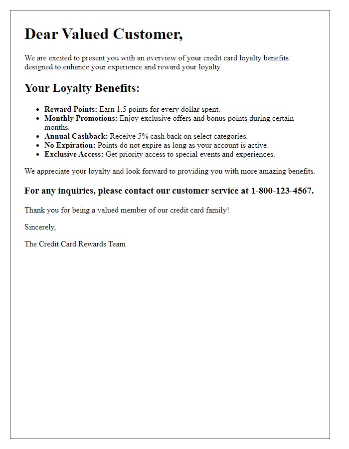 Letter template of credit card loyalty benefits overview