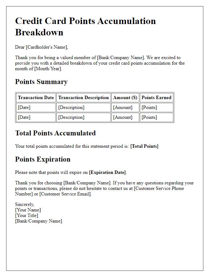 Letter template of credit card points accumulation breakdown