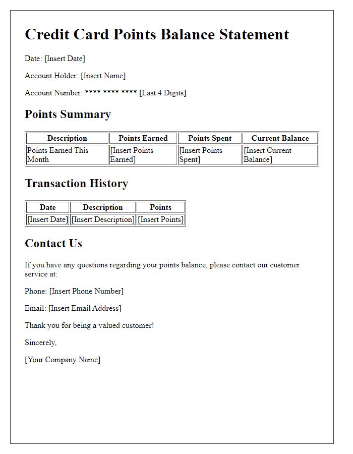 Letter template of credit card points balance statement