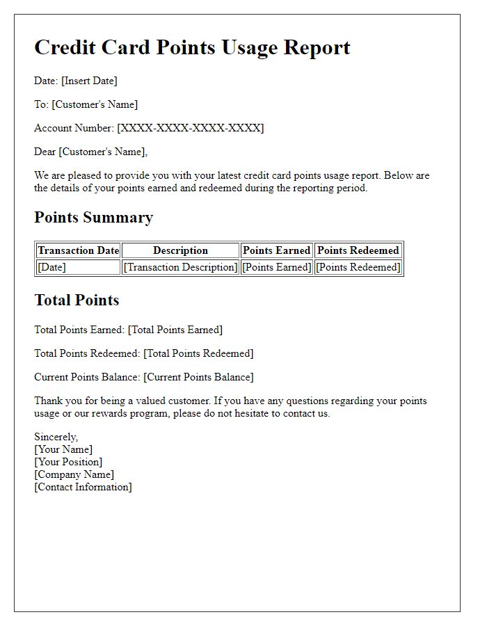 Letter template of credit card points usage report