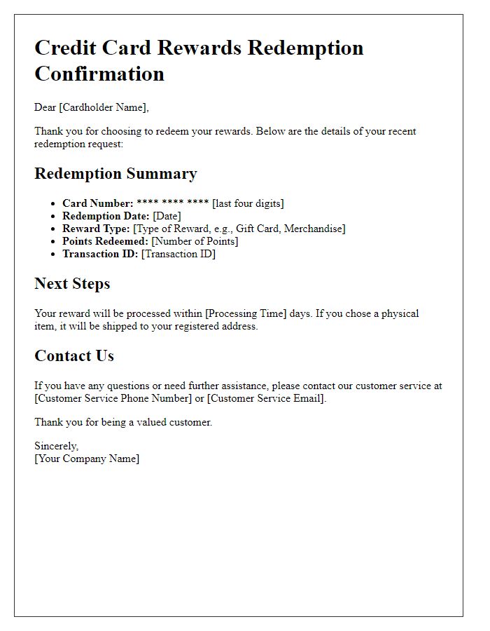 Letter template of credit card rewards redemption details