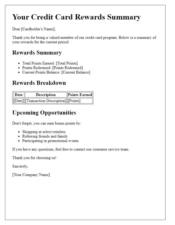 Letter template of credit card rewards summary
