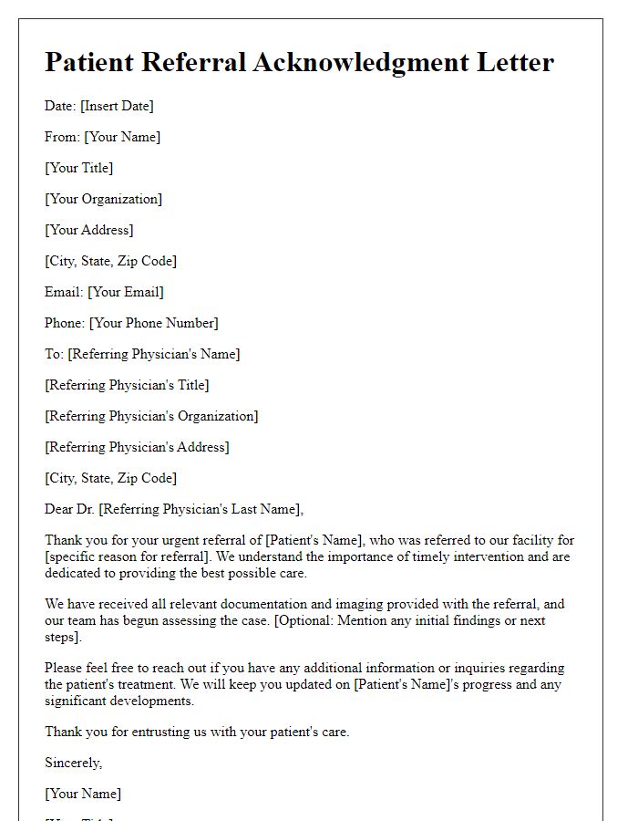 Letter template of acknowledgment for urgent patient referrals.