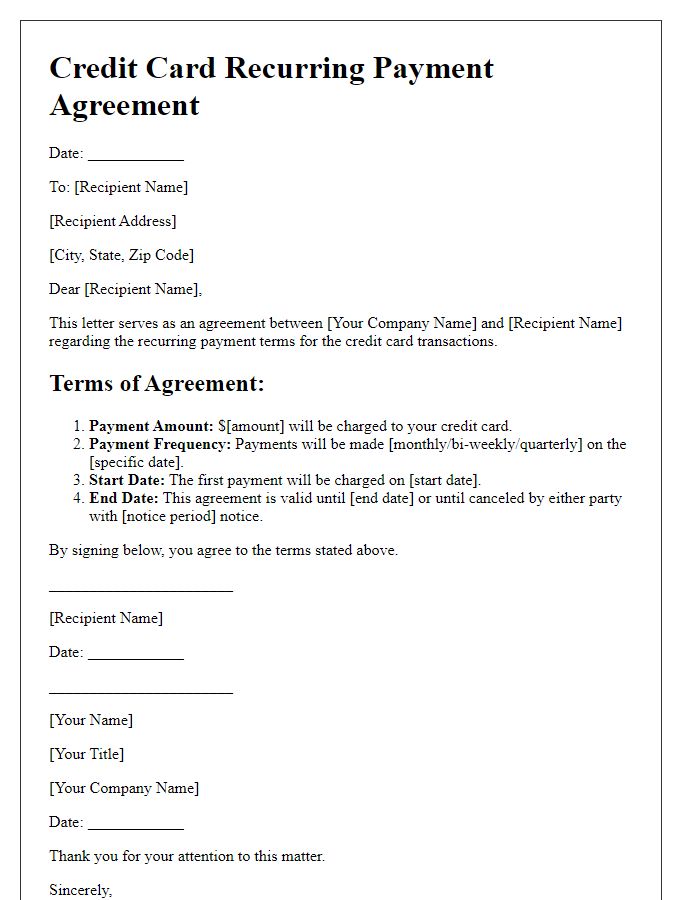 Letter template of agreement for credit card recurring payment terms