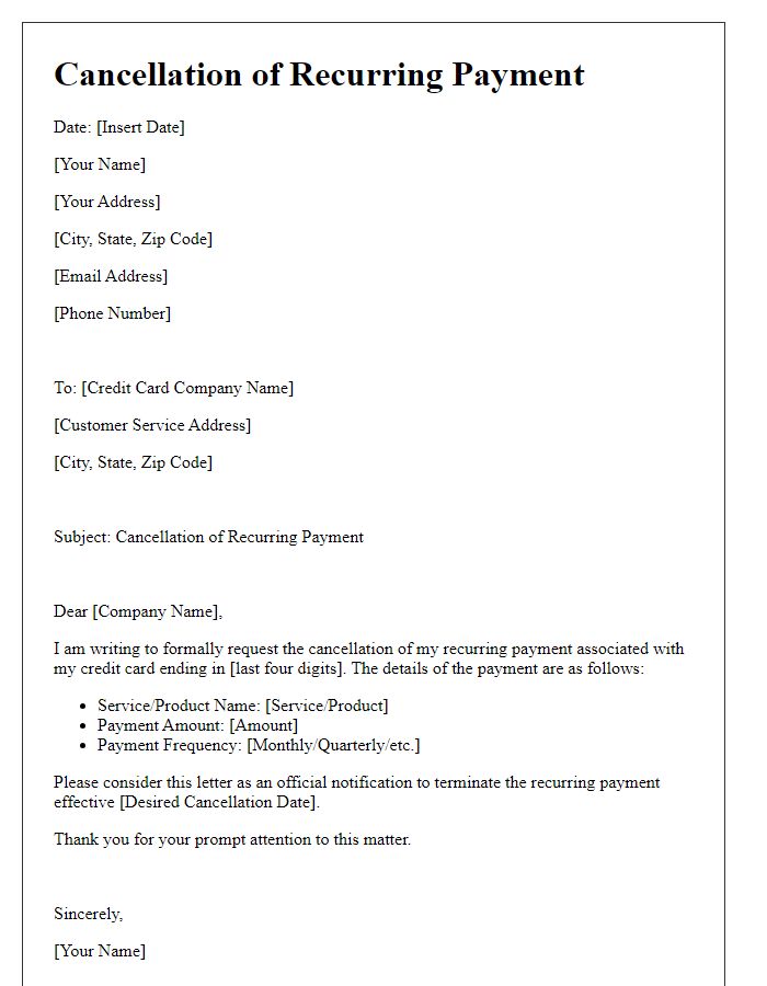 Letter template of cancellation of credit card recurring payment