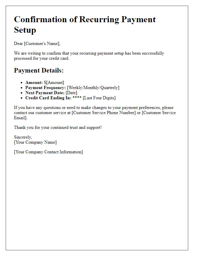 Letter template of confirmation for credit card recurring payment setup