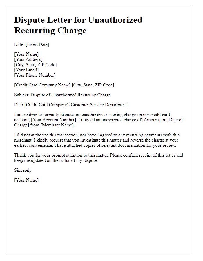 Letter template of dispute for unauthorized credit card recurring charge