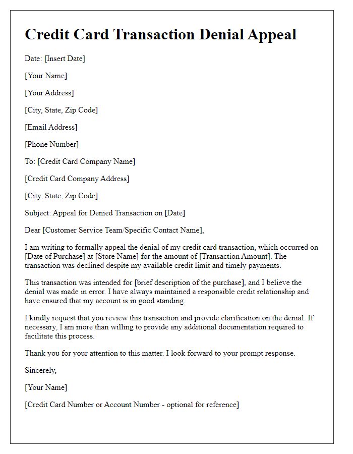 Letter template of credit card transaction denial appeal for in-store purchases.