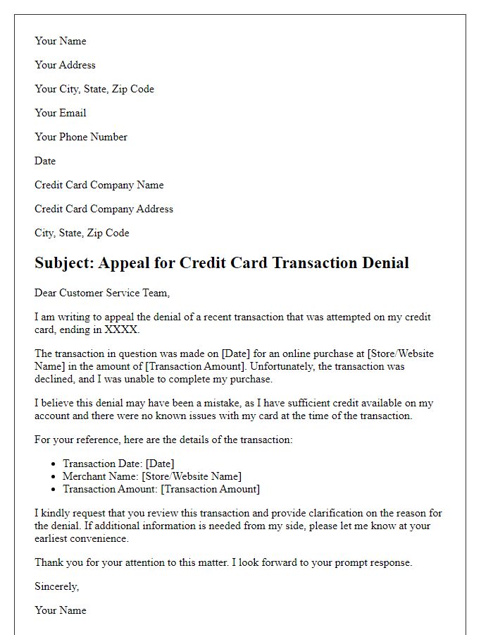 Letter template of credit card transaction denial appeal for online shopping.