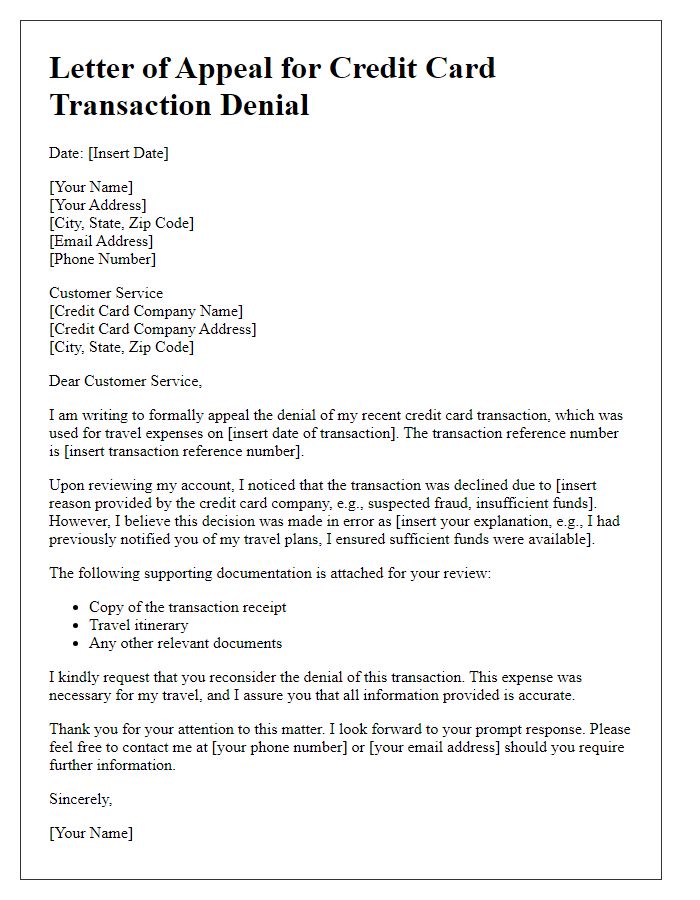 Letter template of credit card transaction denial appeal for travel expenses.