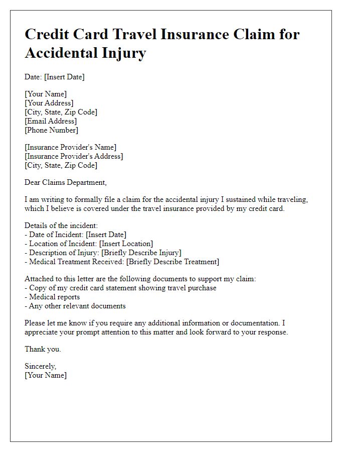 Letter template of credit card travel insurance claim for accidental injury.