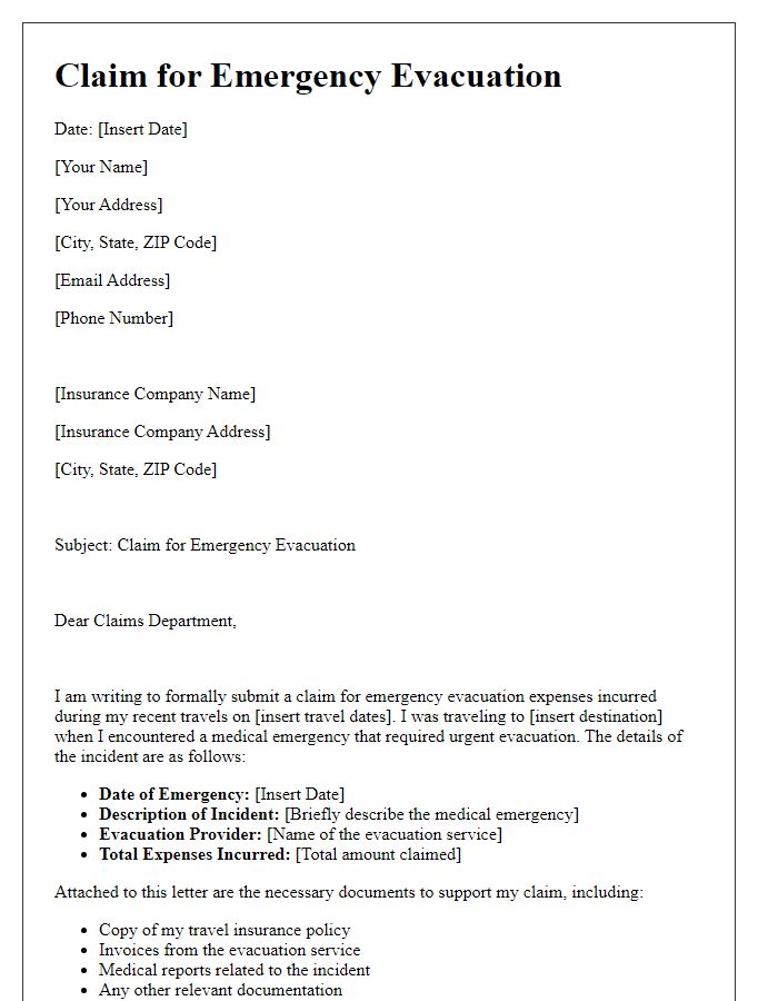 Letter template of credit card travel insurance claim for emergency evacuation.