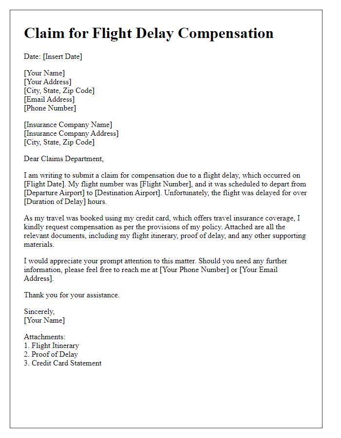 Letter template of credit card travel insurance claim for flight delay compensation.