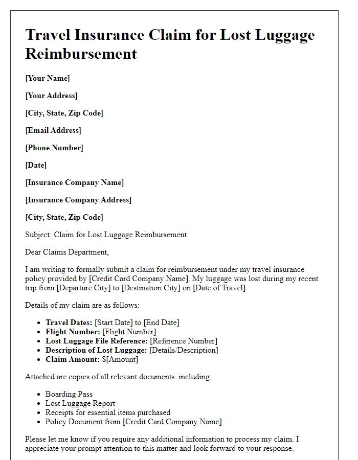 Letter template of credit card travel insurance claim for lost luggage reimbursement.