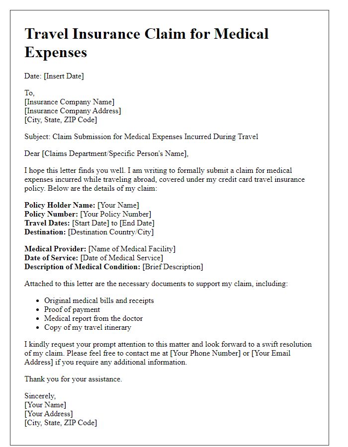 Letter template of credit card travel insurance claim for medical expenses abroad.