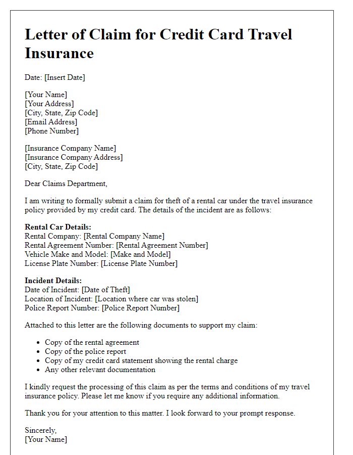 Letter template of credit card travel insurance claim for rental car theft.