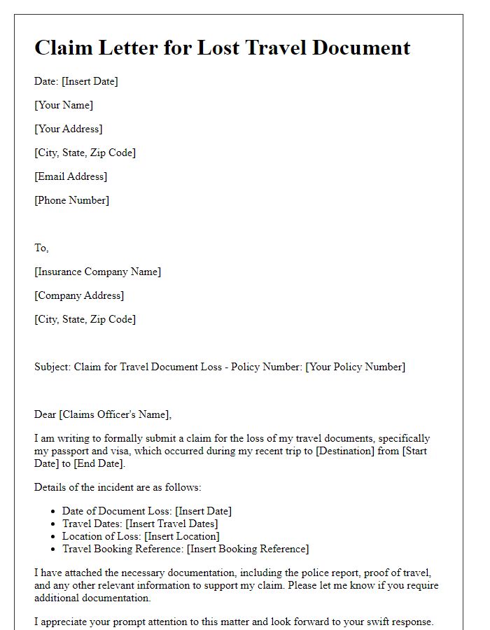 Letter template of credit card travel insurance claim for travel document loss.