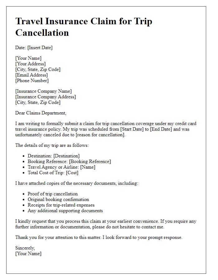 Letter template of credit card travel insurance claim for trip cancellation.